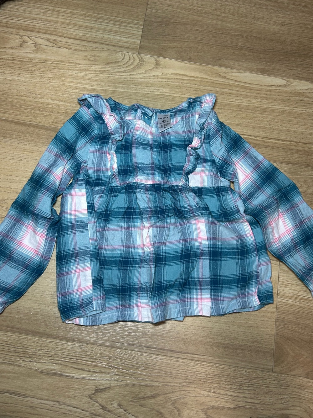 Carter's Teal Plaid Ruffle-Trim Long Sleeve Blouse